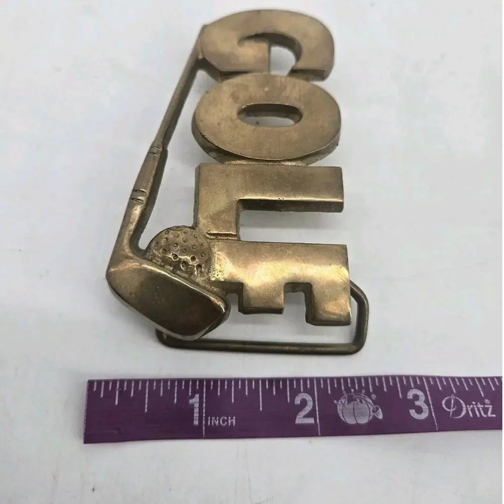 Vintage GOLF Word Art Belt Buckle Brass R.O.C. Golfing Golf Club Ball